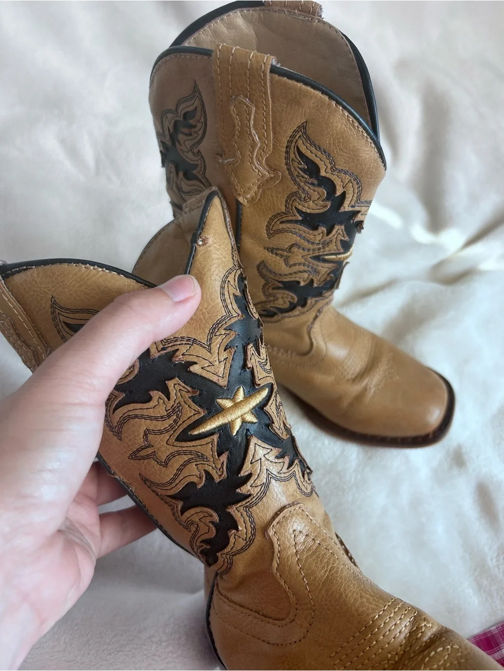 Roper Kids’ Amos Western Tan Faux Leather Western Cowboy Boots with Black Inlay